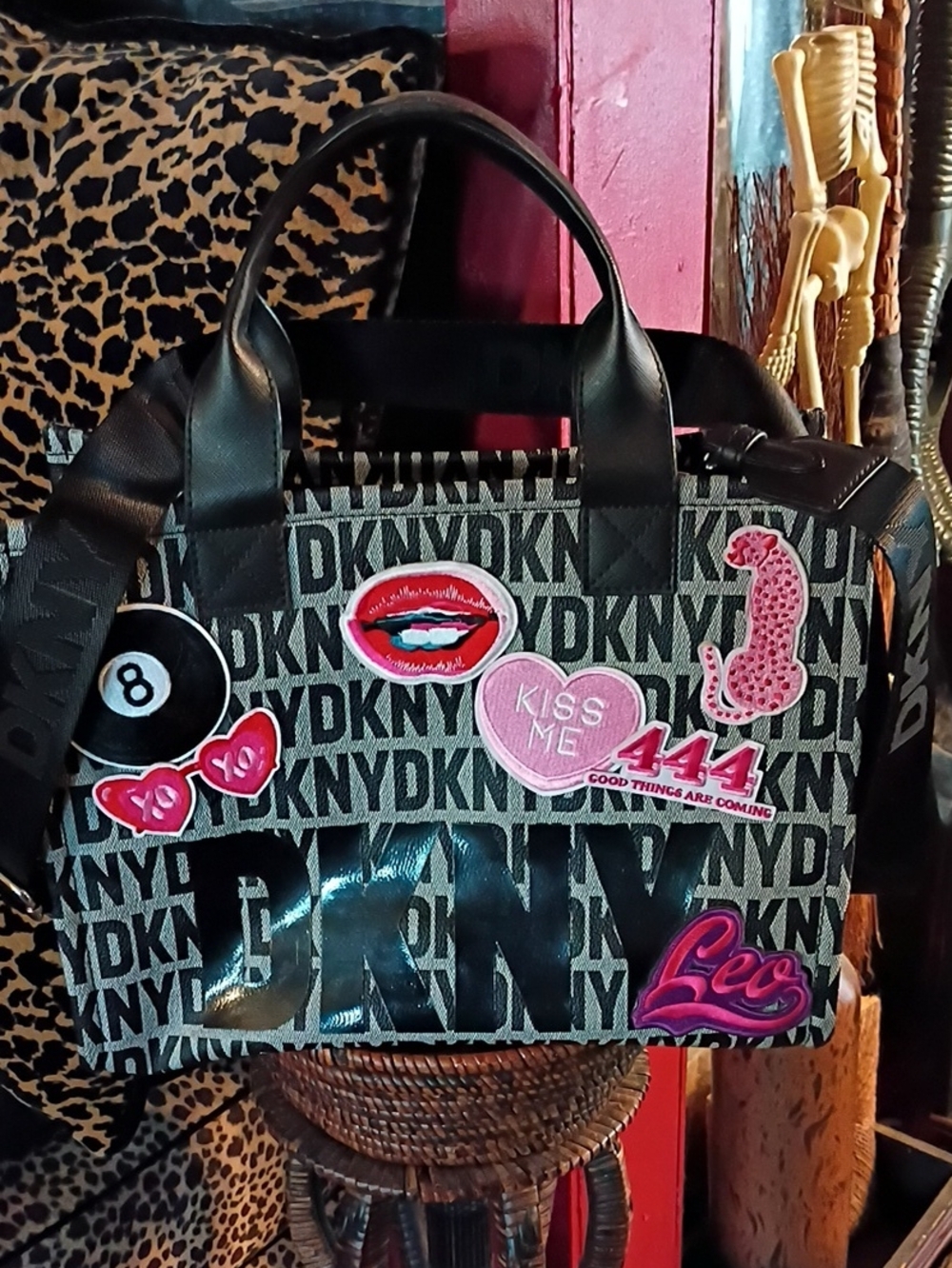 DKNY Black Logo Satchel with Patch Accents